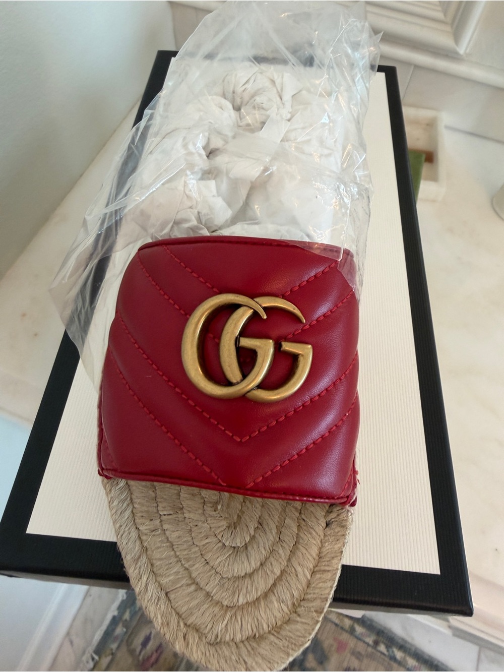 Gucci Red Quilted Leather Espadrille Slide with Gold Double G 38 8